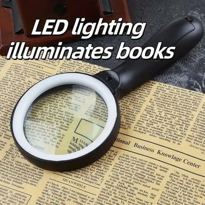 LED handheld magnifying glass with glowing white ring and black handle