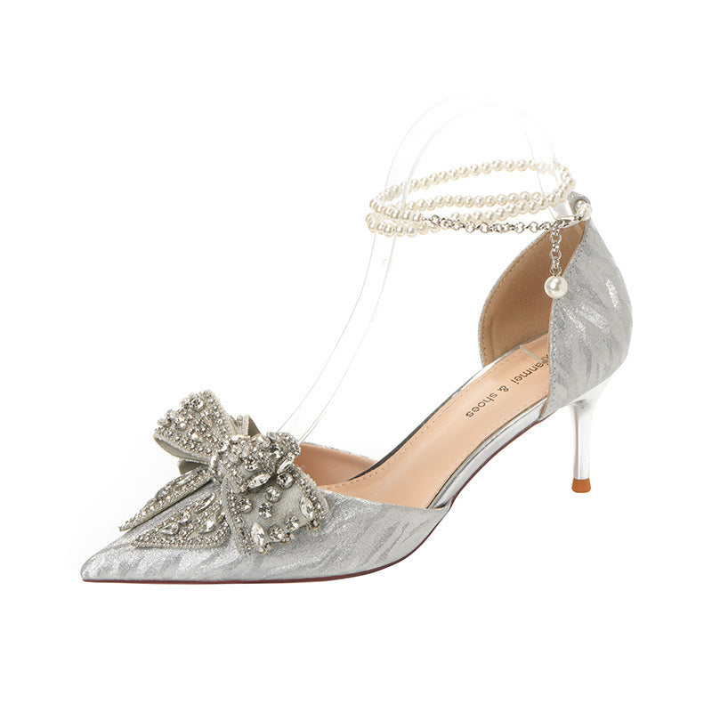 Rhinestone Bow Pearl Heels - Elegant & Glamorous Rhinestone Bow Pointy Hollow Pearl Heels | Ectron Online