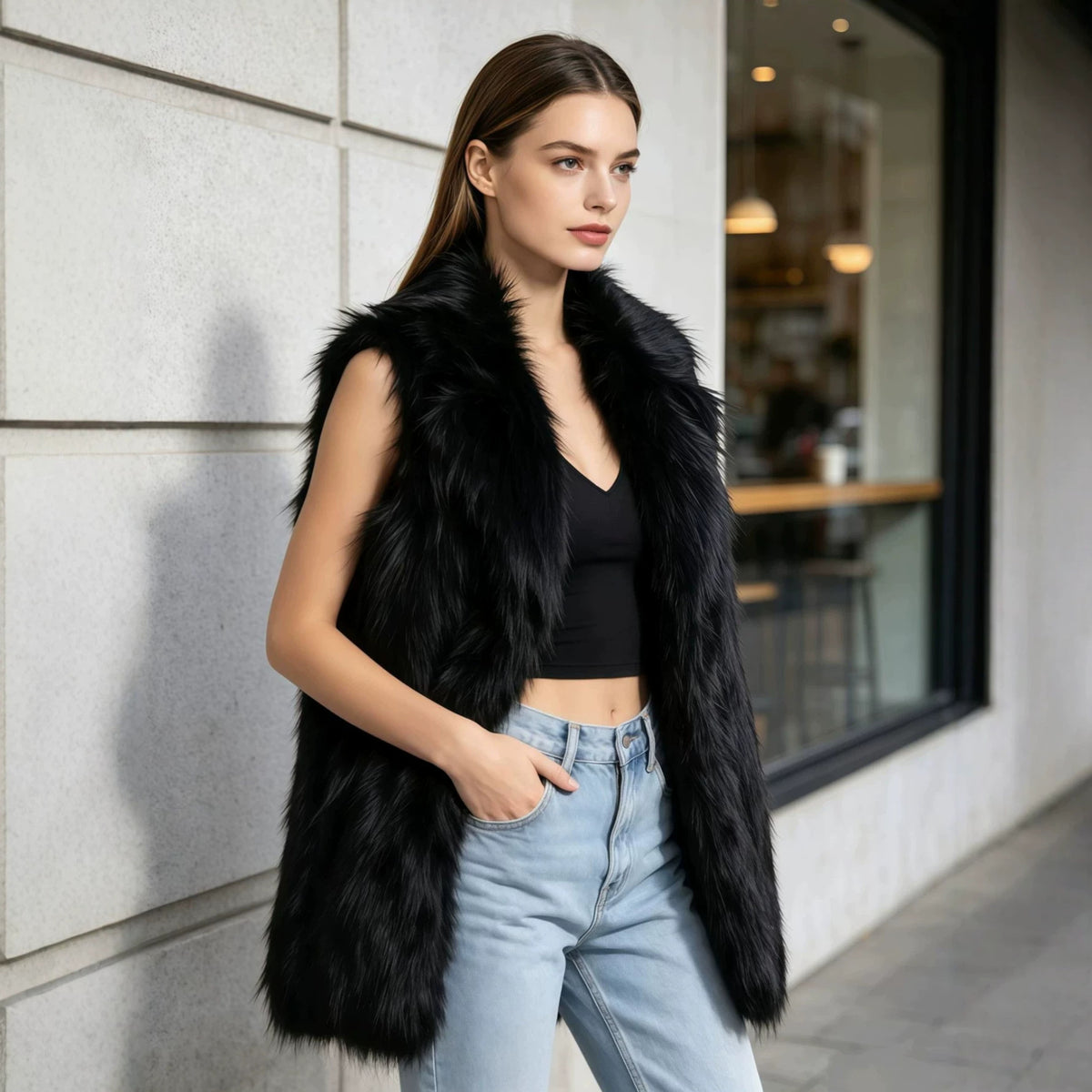 Black faux fur waistcoat vest with wide suit-collar, sleeveless