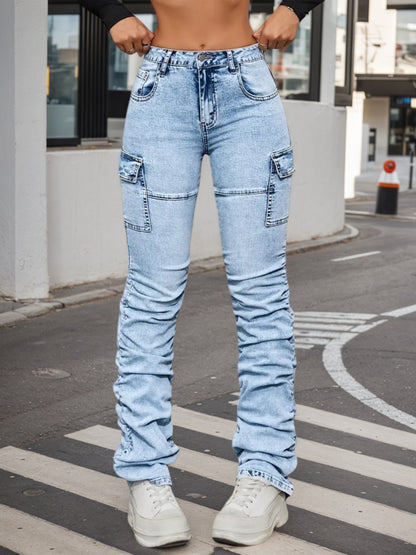 Women’s high-waisted light blue jeans with multiple cargo patch pockets