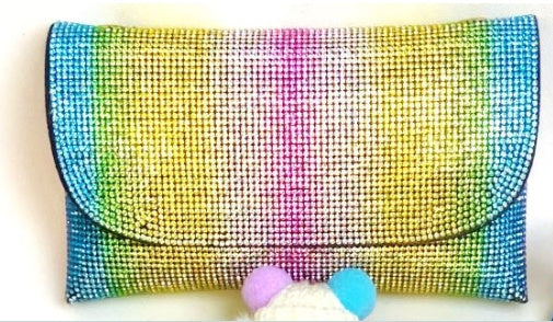Rhinestone one-shoulder crossbody bag with gradient blue-green-pink flap