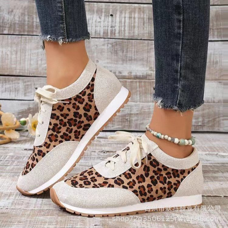 Flat Bottomed Leopard Print Lace Up Casual Sports Shoes