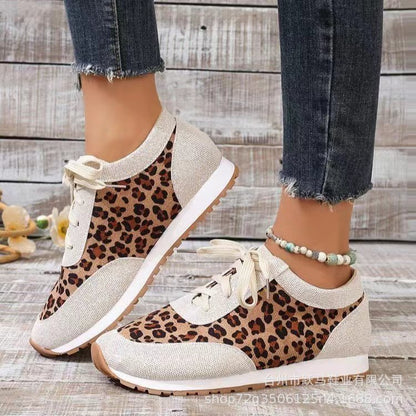 Flat Bottomed Leopard Print Lace Up Casual Sports Shoes