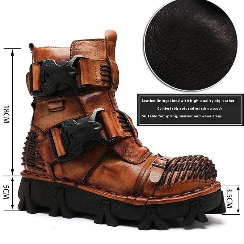 Brown lace-up work boot with leather-lined interior and side straps; thick tread sole