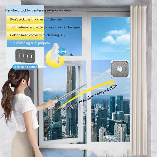 Window cleaning tool with a woman using it to clean a window with a cityscape view.
