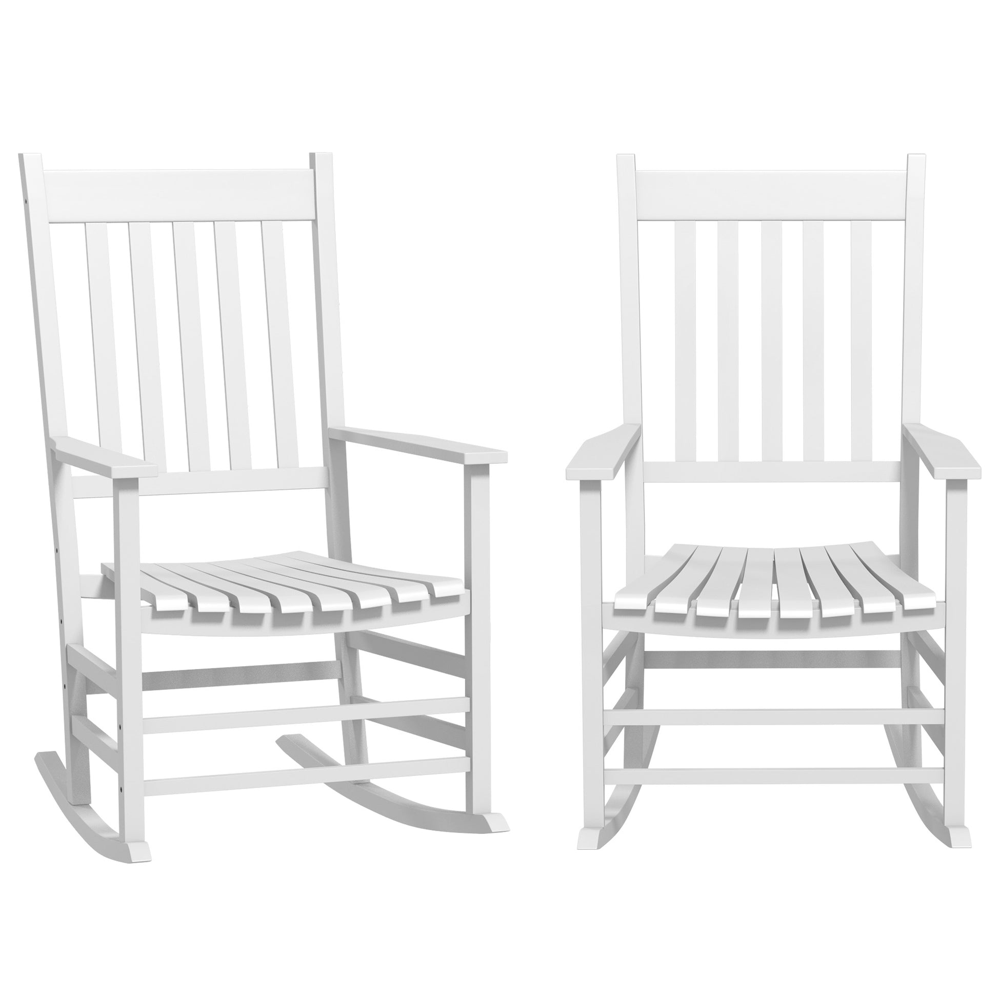 Set of two white wooden rocking chairs with slatted backs and seats
