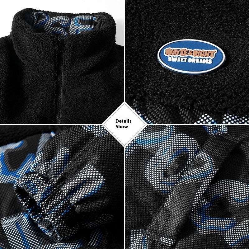 Collage of a black fleece jacket with brand logo and pattern details.
