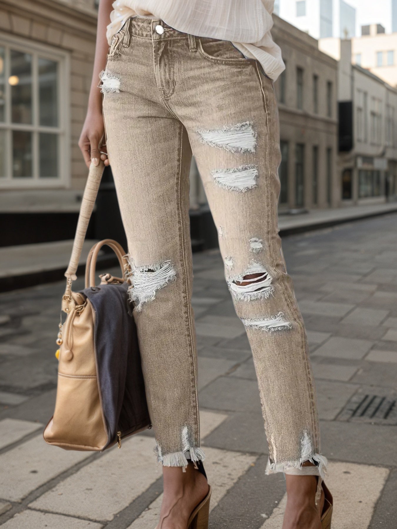 Plus-size ripped slim-straight jeans, light brown, with distress rips and frayed hem
