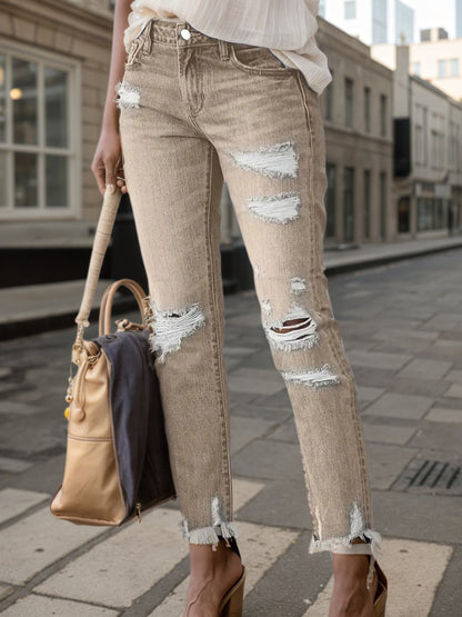 Plus-size ripped slim-straight jeans, light brown, with distress rips and frayed hem