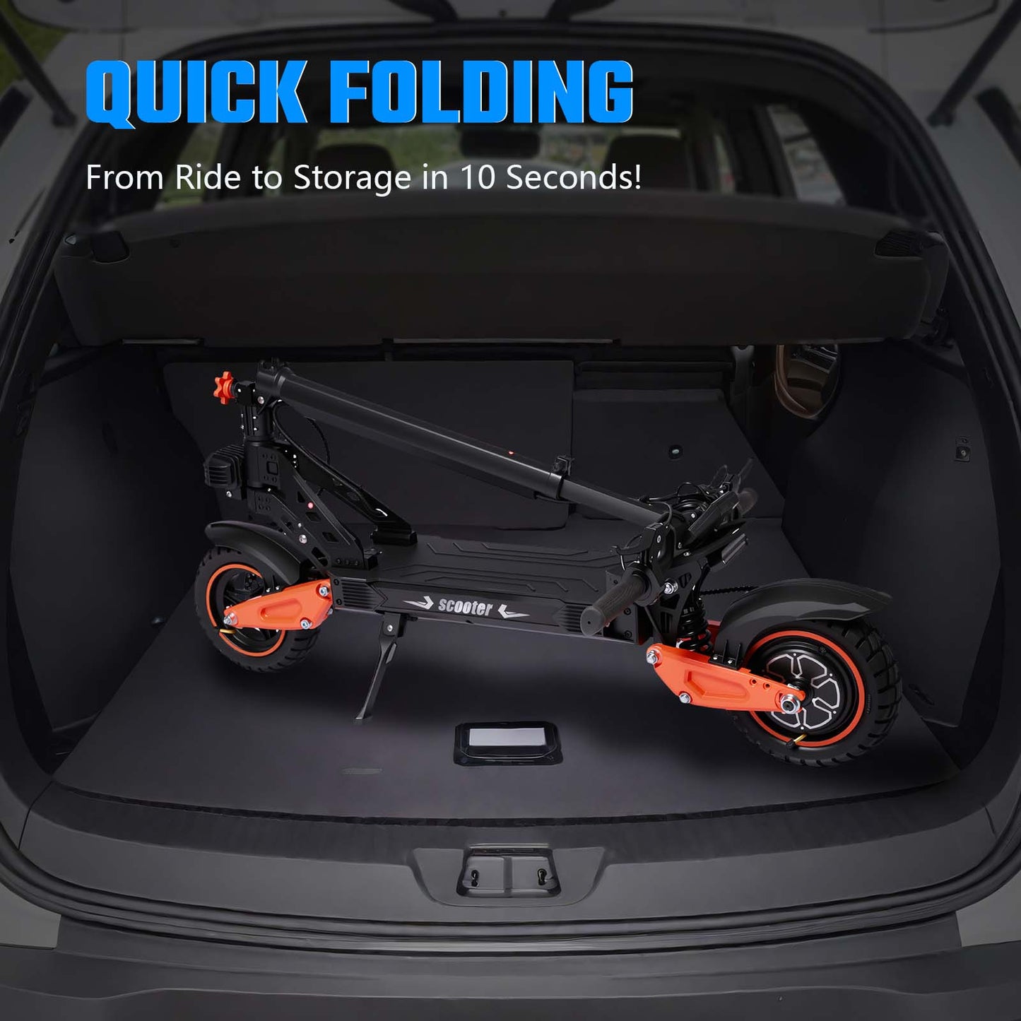 Electric scooter shown folded inside a trunk, black frame with orange wheel rims