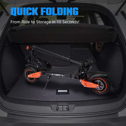 Electric scooter shown folded inside a trunk, black frame with orange wheel rims