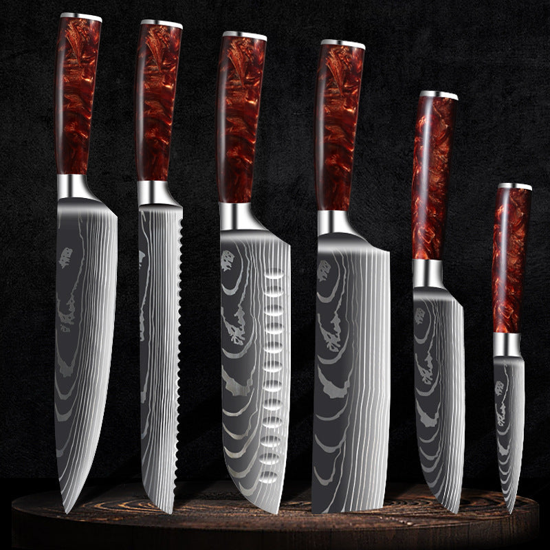 Premium Cutlery | Damascus Steel | with Red Resin Handles Kitchen Knives Set | Ectron Online