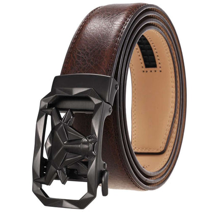 Fashion Men's Leather Belt Alloy Automatic Buckle with sleek brown leather and stylish black buckle.