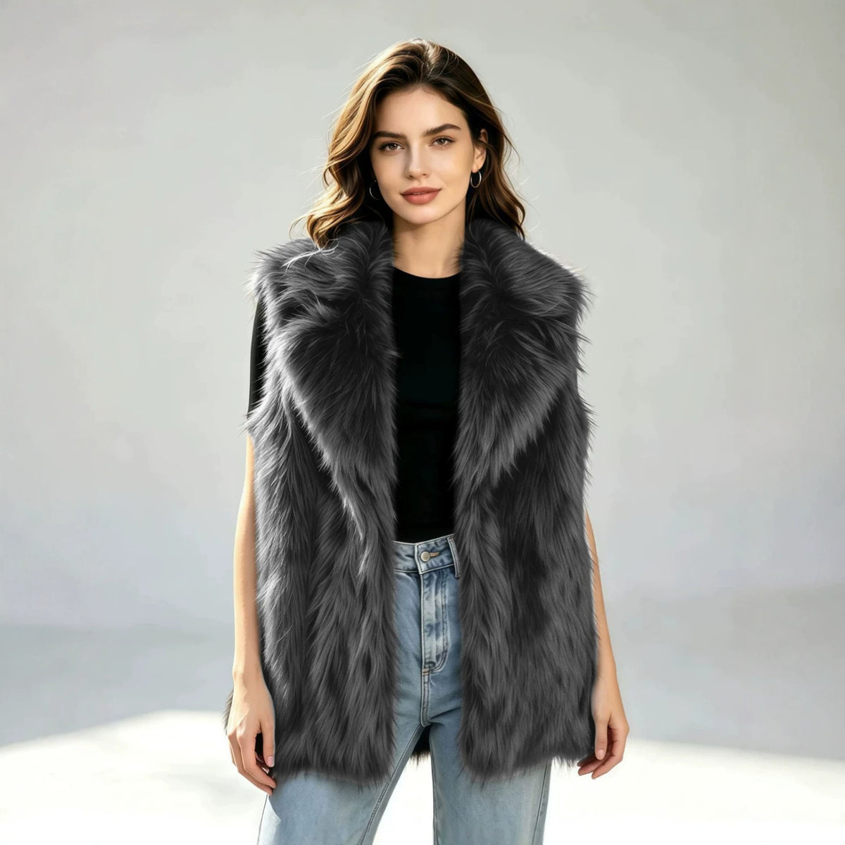 Gray faux fur waistcoat vest with oversized suit-collar, sleeveless