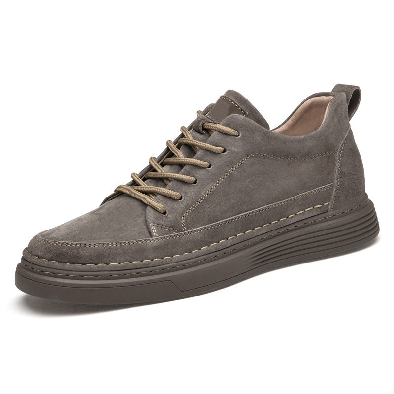 Gray-brown suede lace-up board shoes with thick striped rubber sole and lace-up front