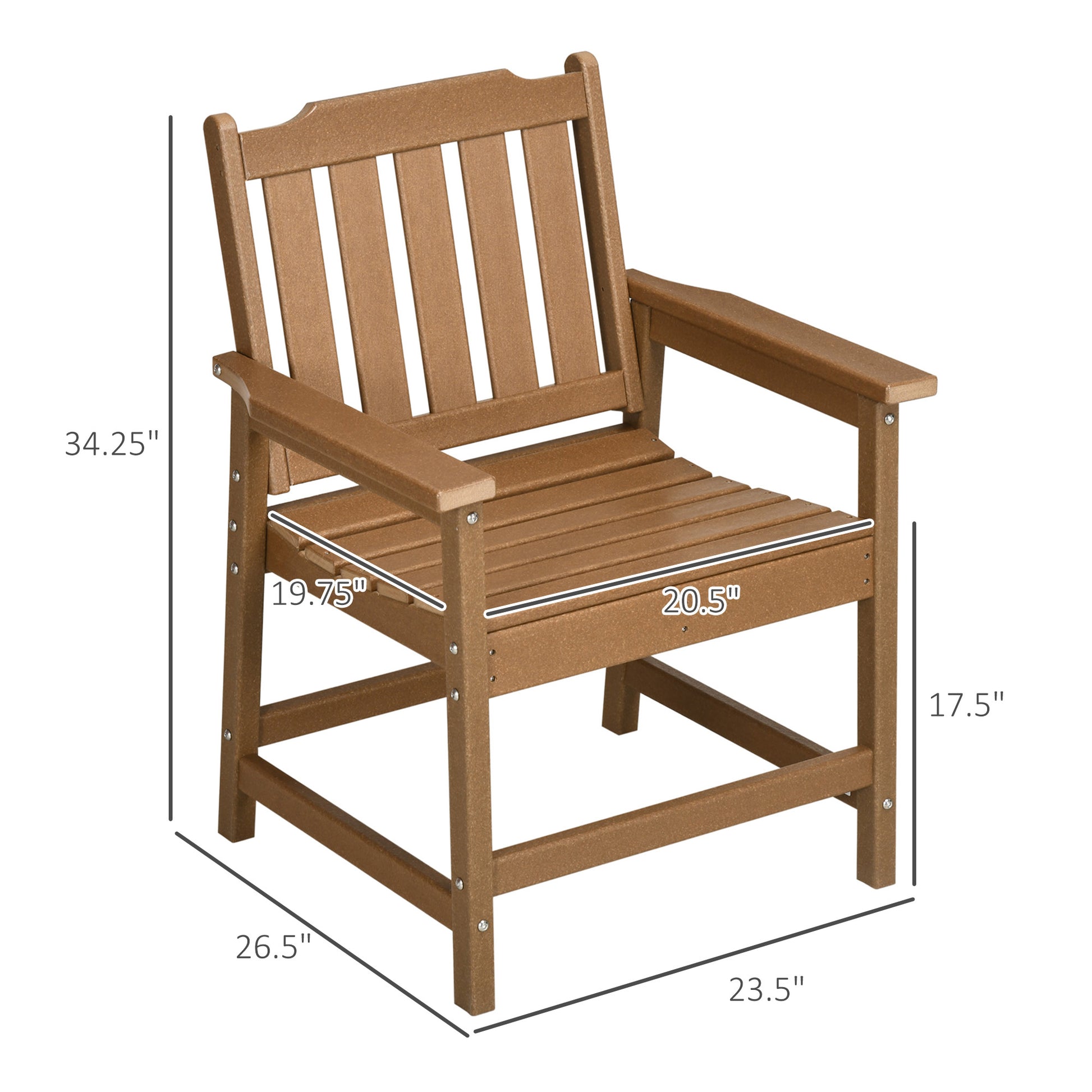 Brown patio dining chair with slatted seat and back, side armrests; dimensions shown.