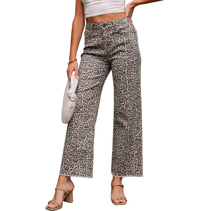 Leopard print high-waist wide-leg jeans with relaxed fit and button closure
