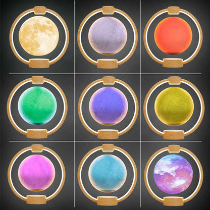 Floating moon lamp with RGB moon colors, glowing ring, wooden base