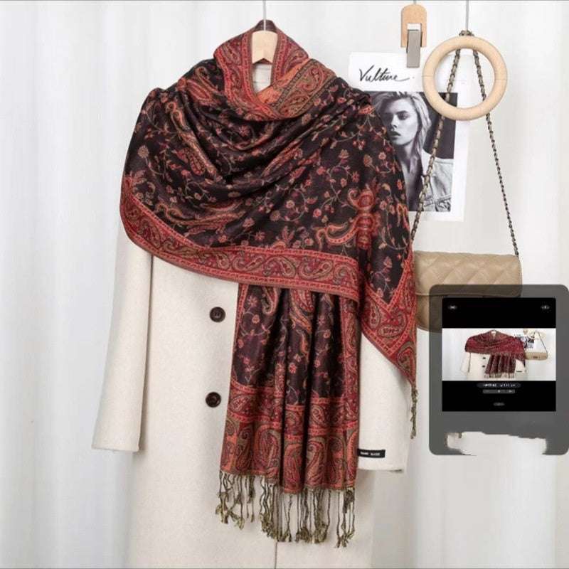 Ethnic Style Talma Shawl with Cashew Embroidery Bohemian Vintage Tassel Cashew Embroider | Ectron Online