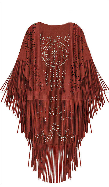 Women's Suede Hollow Fringed Short Sleeve Jacket