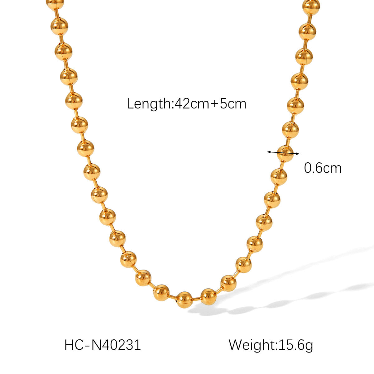 Gold-plated ball bead chain necklace with round beads, curved drape