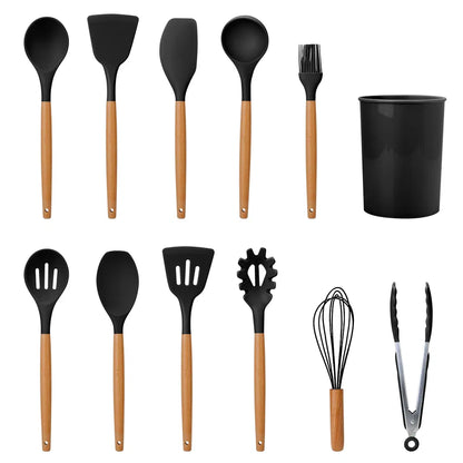 {{ brand }} 11 Pcs Silicone Cooking Utensil Set - Heat Resistant with Wooden Handles Black - 11Pcs Silicone Cooking Utensil Set Heat