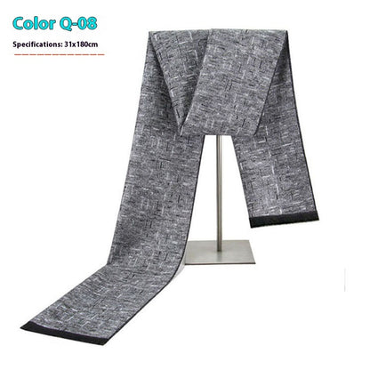 Gray scarf on a stand with specifications on a white background