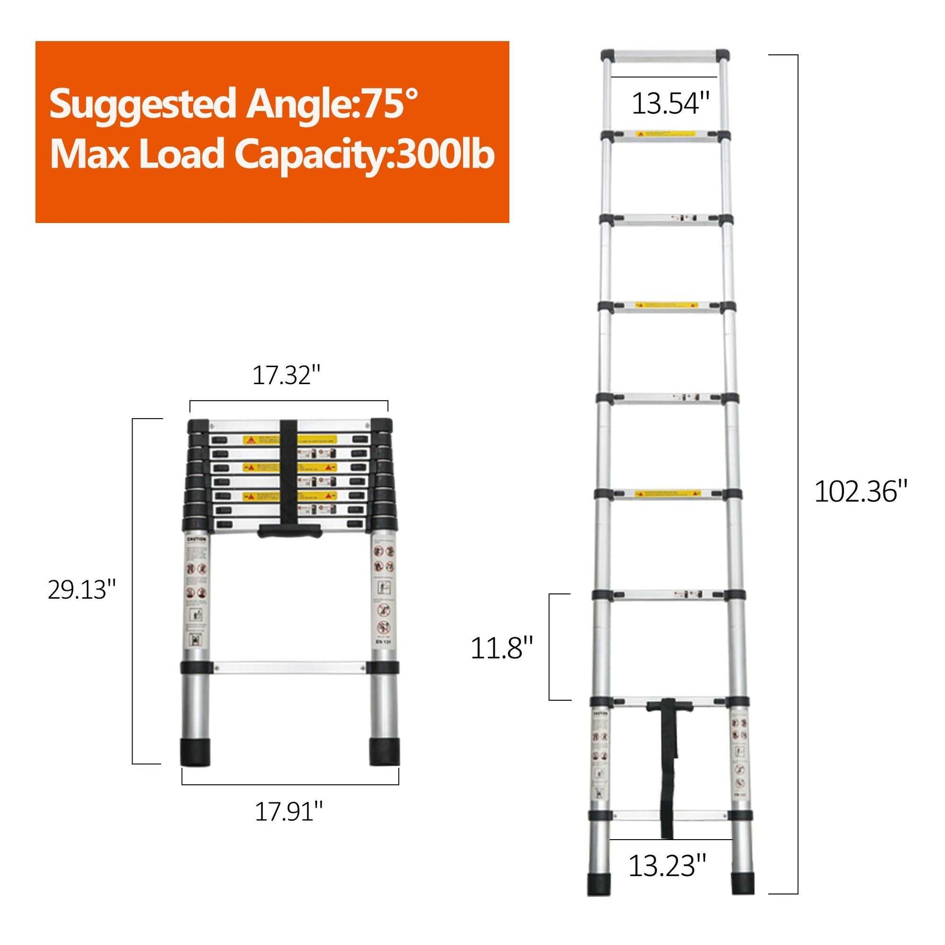 Telescoping aluminum extension ladder, four-step rungs with yellow safety rails