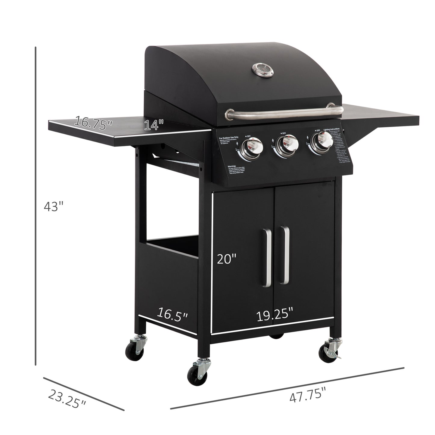 Black 3-burner gas grill cart with side shelf and caster wheels