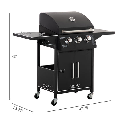 Black 3-burner gas grill cart with side shelf and caster wheels