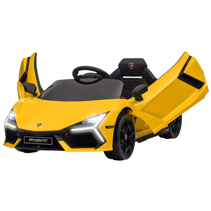 Yellow 12V kids ride-on car with black seat and steering wheel, studio front view