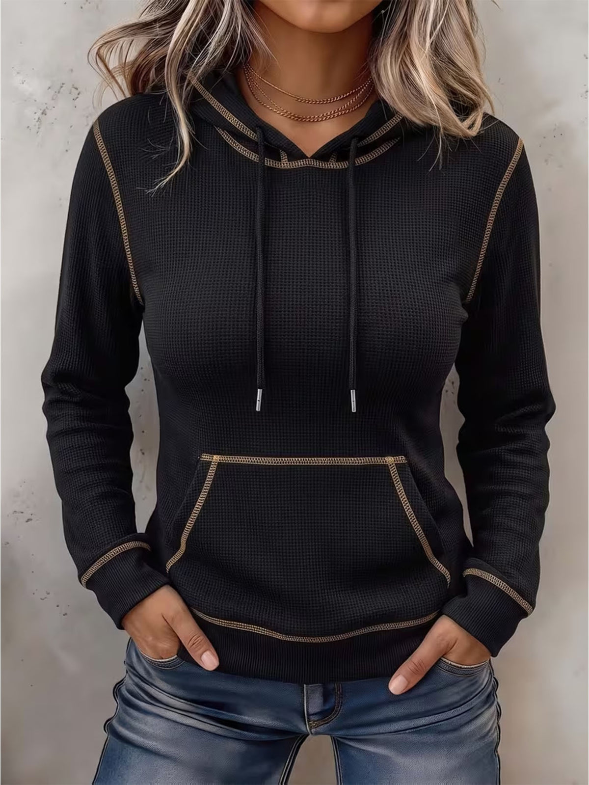 Black long-sleeve hoodie with drawstring hood and front kangaroo pocket