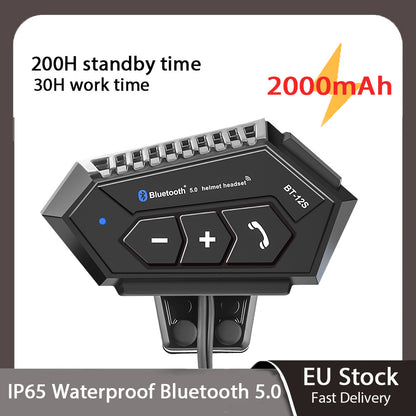 Black Bluetooth helmet receiver with text on standby and work time, battery capacity, and waterproof rating.