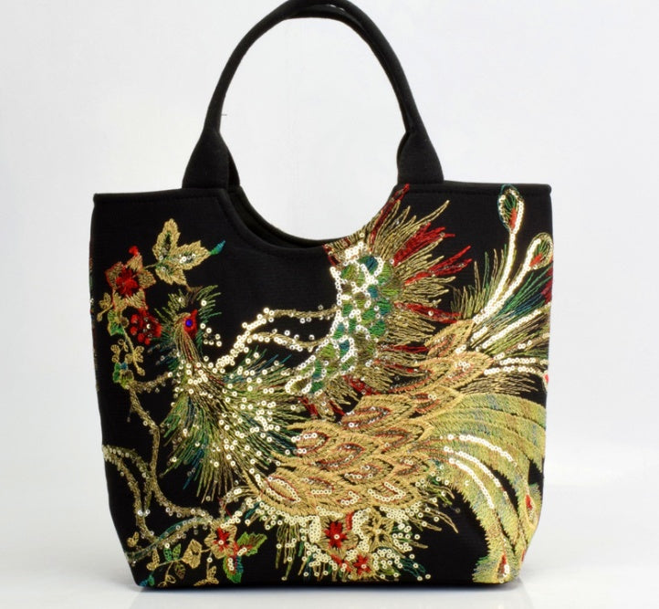 Peacock Embroidery Canvas Handbag – Artistic & Elegant Style Canvas peacock embroidery small handbag | Ectron Online