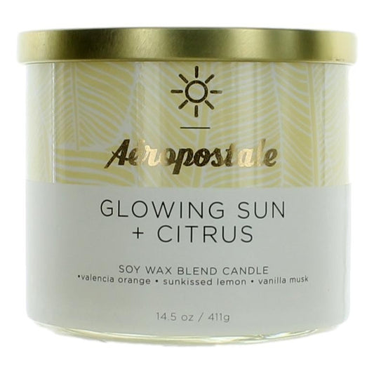 Soy wax blend 3-wick candle in cream jar with Glowing Sun + Citrus label