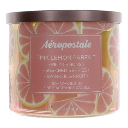 Aeropostale 14.5 oz Soy Wax Blend 3 Wick Candle - Pink Lemon Parfait with pink lemon design and vibrant colors.