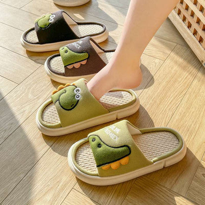 Cartoon Dinosaur Linen Slippers – Breathable Non-slip Summer Shoes Sweat-absorbent Non-slip Breathable Thic | Ectron Online