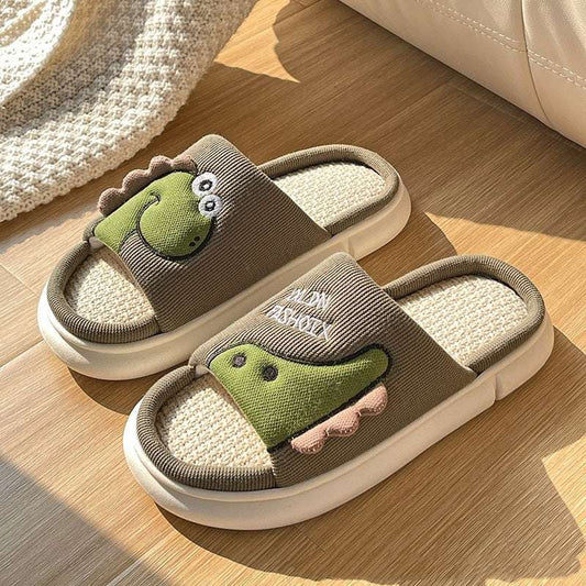 cartoon dinosaur linen slippers – breathable non-slip summer shoes
