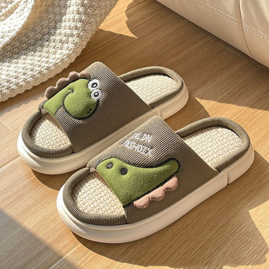 cartoon dinosaur linen slippers – breathable non-slip summer shoes
