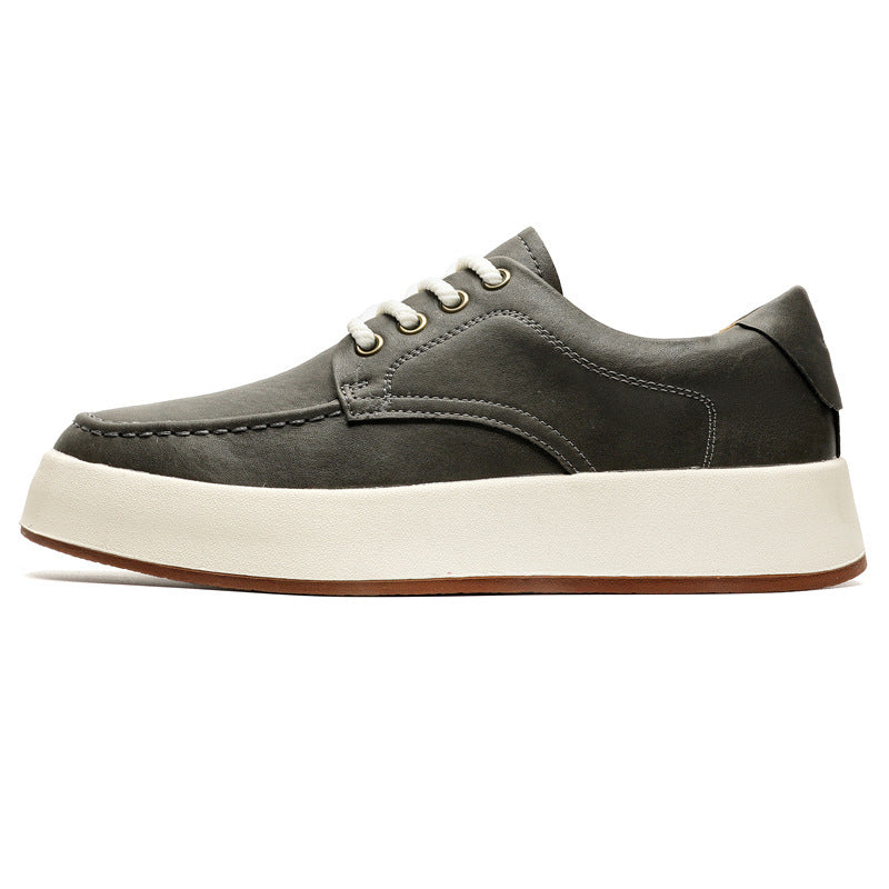 Three pairs of men's casual lace-up platform sneakers in gray, brown, and beige colors, displayed against a backdrop with a speaker and eyeglasses.