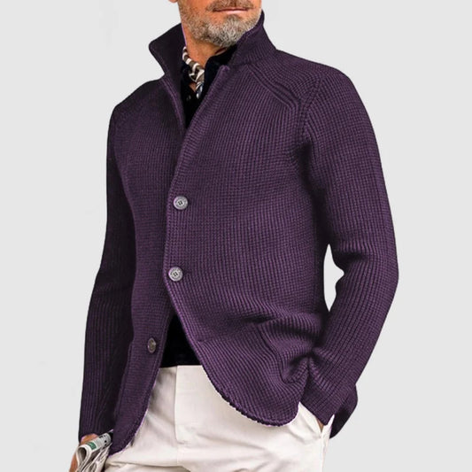 Man wearing a purple knitted cardigan 