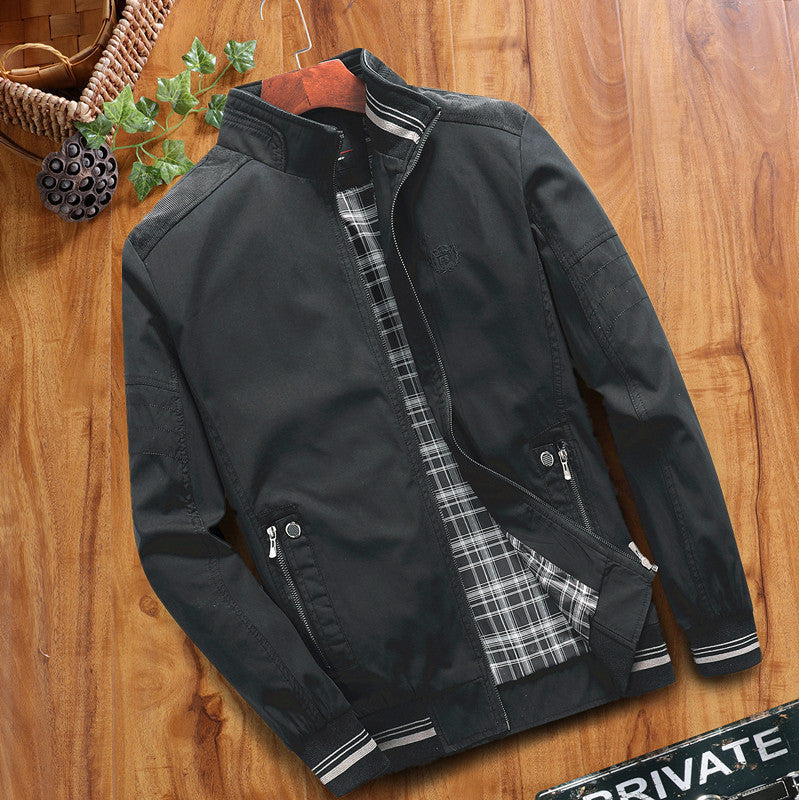 Men's casual jacket in black, stand collar, zip front and striped ribbed cuffs