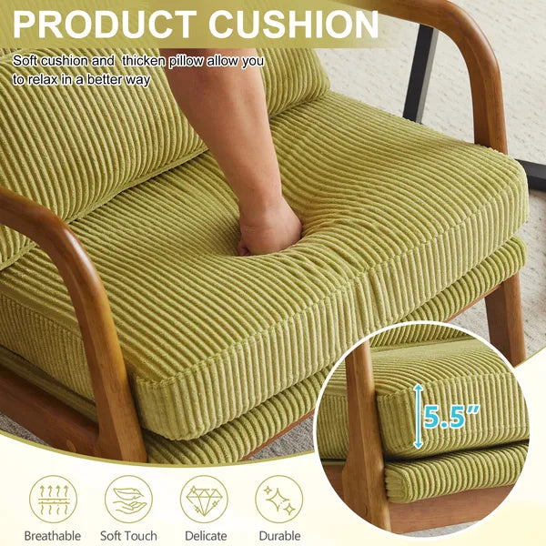 Olive green corduroy seat cushion and armrest of low lounge chair