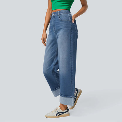 Women's High-Waisted Straight Jeans | Trendy Cuffed Hem Denim High-waisted Trousers-foot Curling Strai | Ectron Online