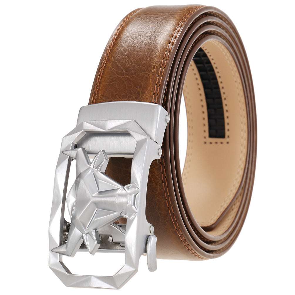 Fashion Men's Leather Belt Alloy Automatic Buckle with sleek automatic buckle in brown leather.