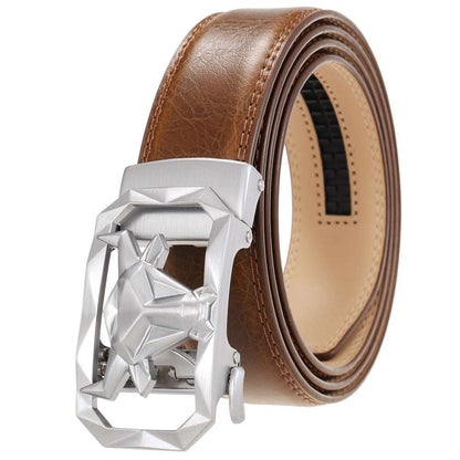 Fashion Men's Leather Belt Alloy Automatic Buckle with sleek automatic buckle in brown leather.