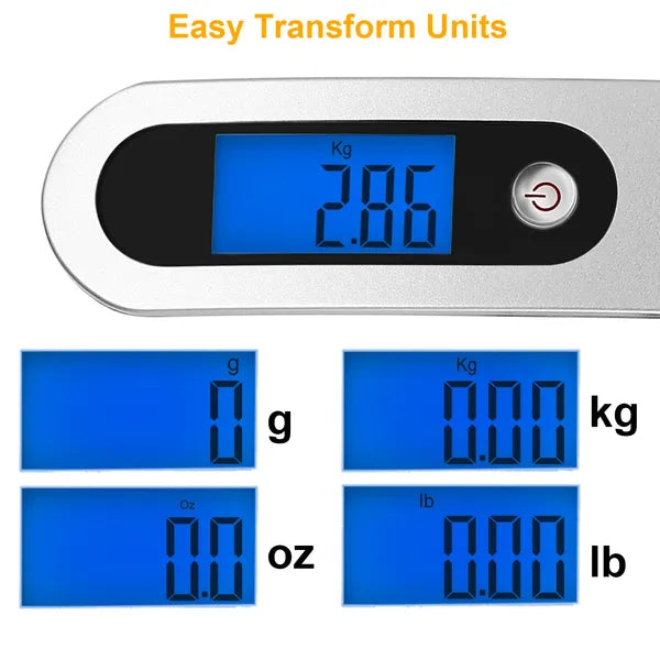 Portable digital luggage scale with blue backlit LCD weight display