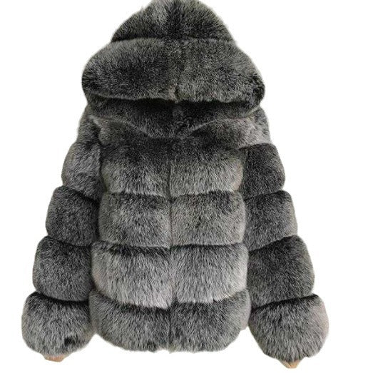 Women's Minimalist Patchwork Fur Jacket | Hooded Faux Fur Grass Coat