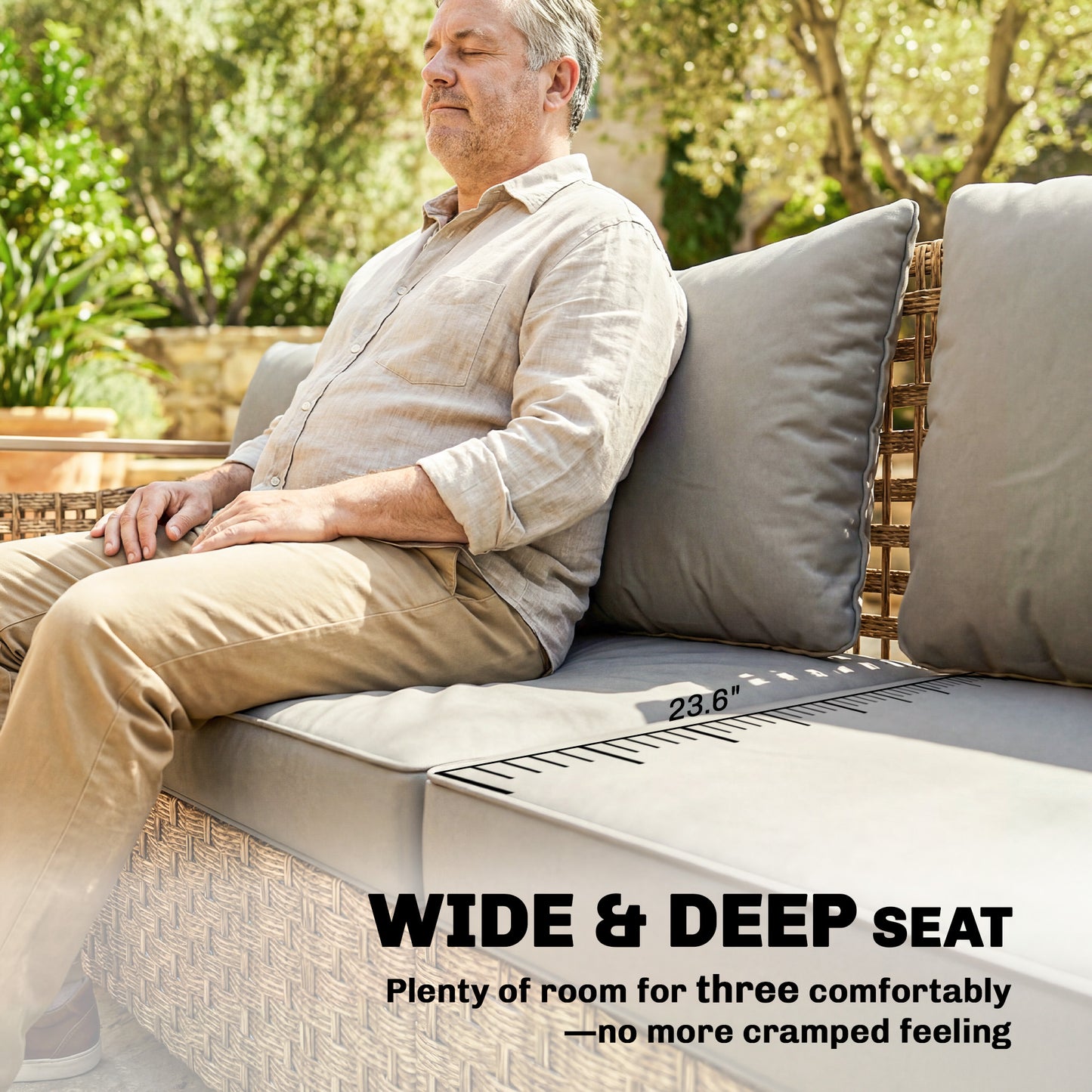 3-seat rattan outdoor sofa with gray cushions and wide deep seat