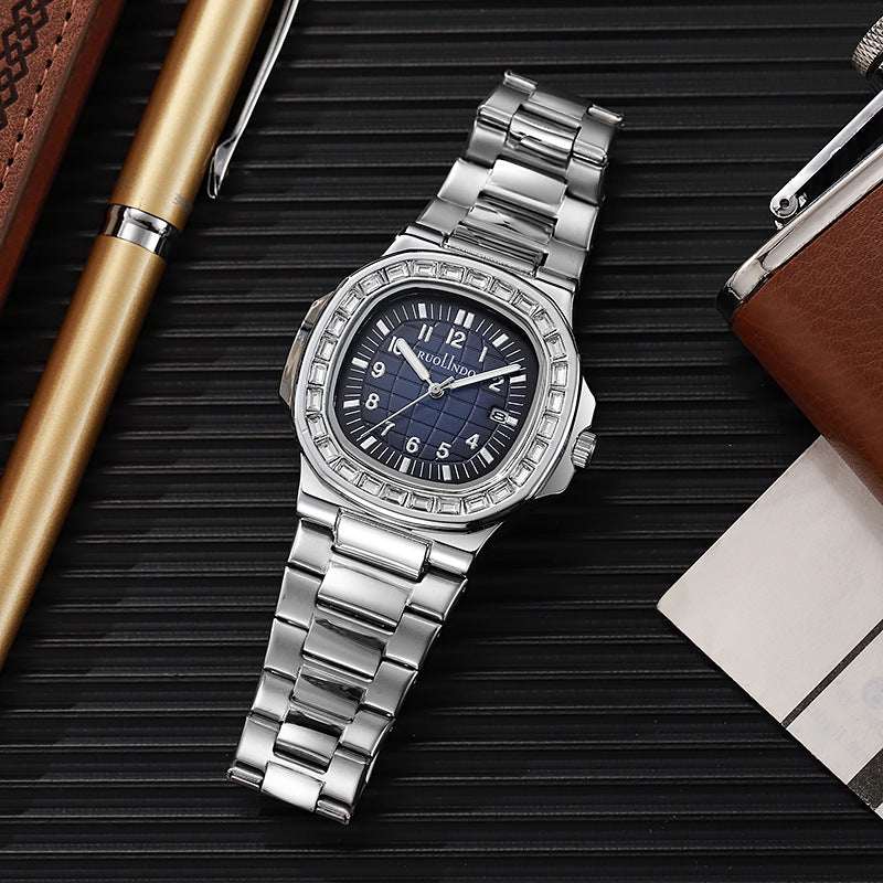 Stainless steel men's luminous watch with dark blue dial and link bracelet